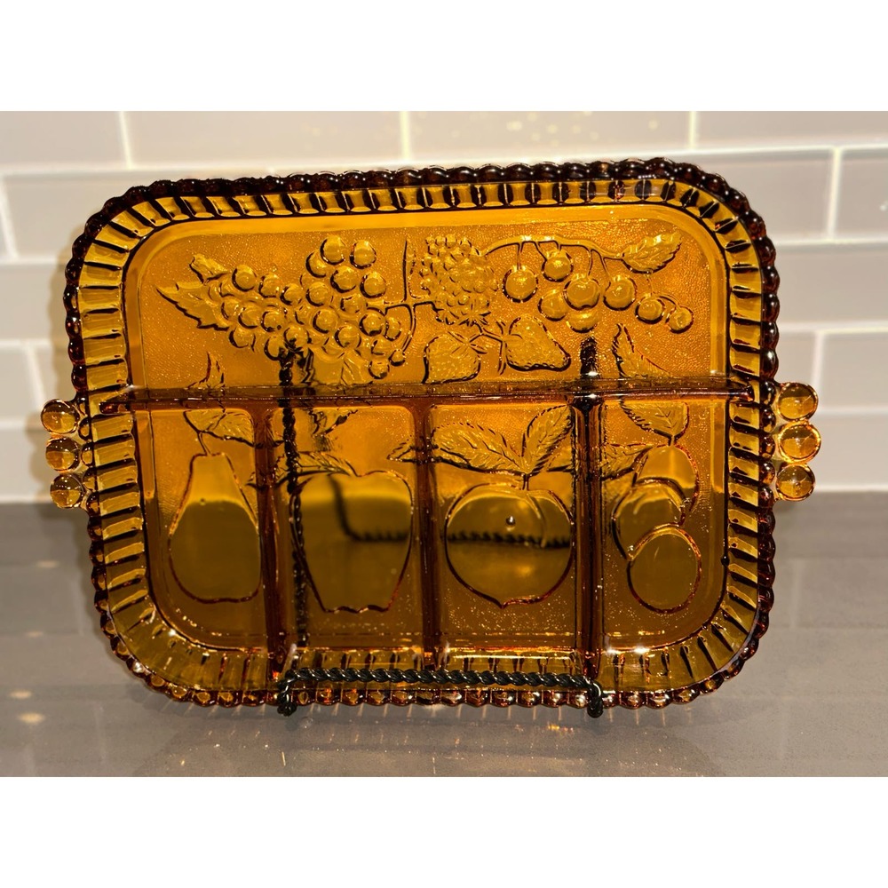 Vintage 1960s Indiana Glass Co 5 Part Dived Amber Glass Serving Tray